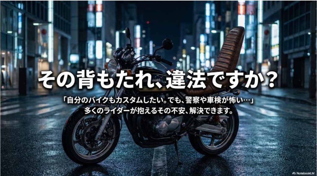 バイクの背もたれはヤンキー仕様だと違法？「その背もたれ、違法ですか？」というキャッチコピー。「自分のバイクもカスタムしたい。でも、警察や車検が怖い」というライダーの不安を解決できることを示したガイドの表紙スライド。