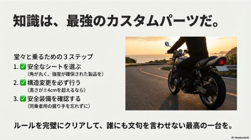バイクの背もたれはヤンキー仕様だと違法？安全なシート選び、構造変更の実施、安全装備の確認という、合法的にカスタムを楽しむための3つのステップをまとめたスライド。