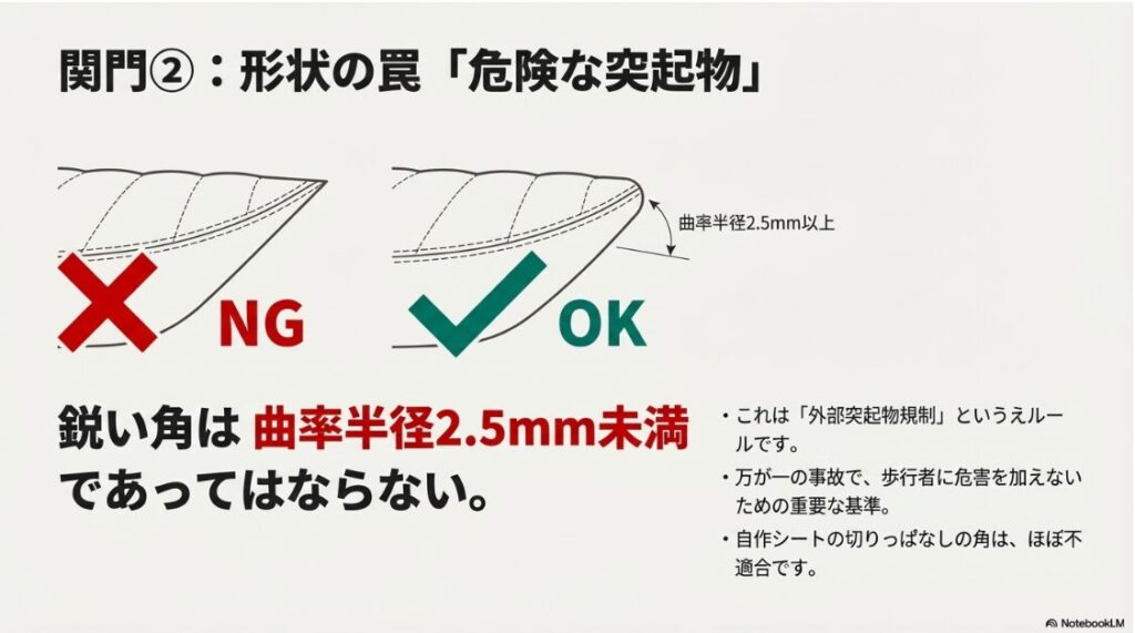 バイクの背もたれはヤンキー仕様だと違法？シートの角の形状比較図。鋭利な角はNG、曲率半径2.5mm以上の丸みがある形状はOKであることを示している。