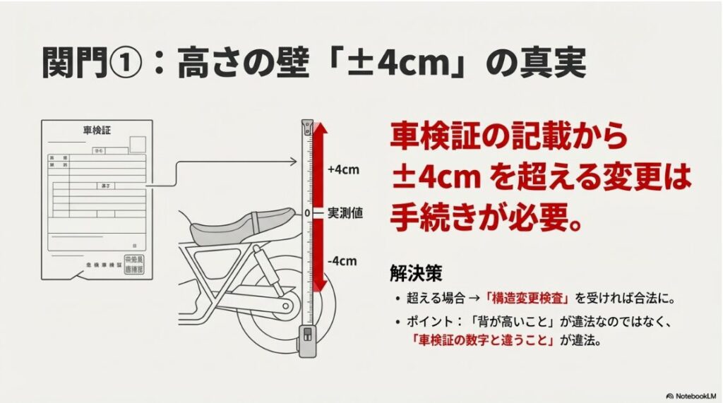 バイクの背もたれはヤンキー仕様だと違法？車検証とメジャーを使った図解。シートの高さが車検証の記載値からプラスマイナス4cmを超えると構造変更が必要になることを示している。
