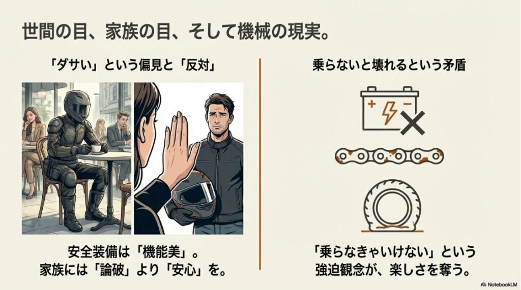 バイクを趣味はやめとけ？バッテリー上がりやタイヤの変形などの故障リスクと、家族からの反対を示すストップのジェスチャー。