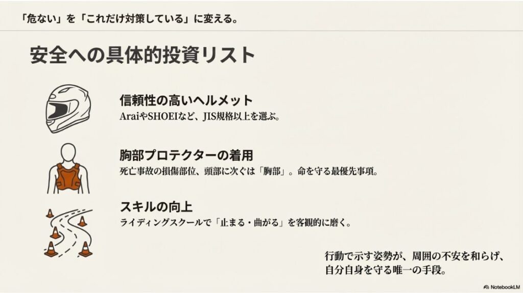 バイクを趣味はやめとけ？信頼性の高いフルフェイスヘルメット、胸部プロテクター、ライディングスクールのパイロンを示した安全対策のイラスト。