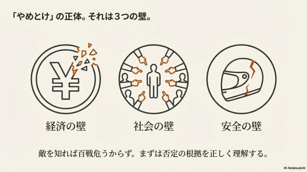 バイクを趣味はやめとけ？経済の壁（割れたコイン）、社会の壁（非難する指）、安全の壁（ひび割れたヘルメット）を表すアイコン。