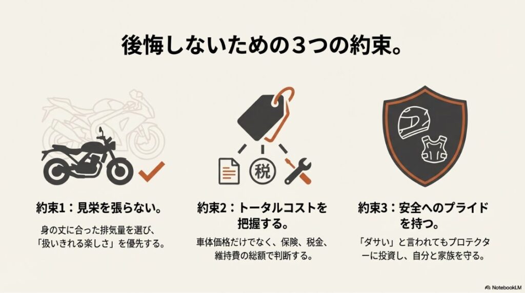 バイクを趣味はやめとけ？身の丈に合ったバイク選び、トータルコストの把握、安全へのプライドを表すチェックリストとアイコン。