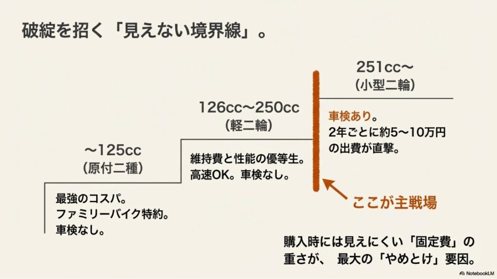 バイクを趣味はやめとけ？原付二種、軽二輪、小型二輪それぞれの車検の有無やコストパフォーマンスを比較した図解。