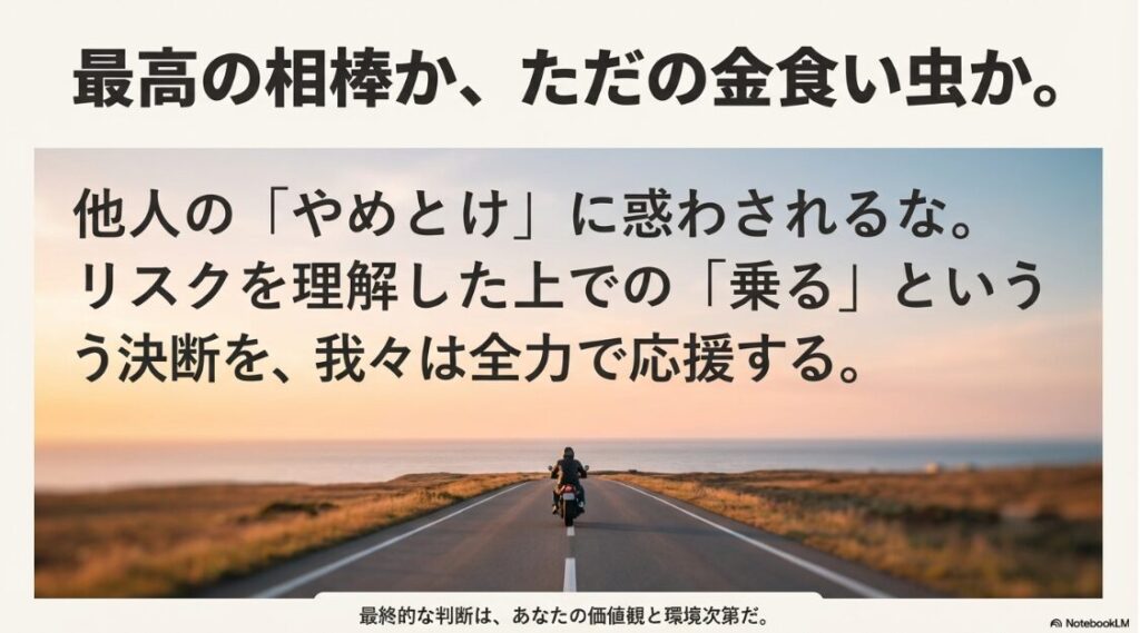 バイクを趣味はやめとけ？「他人のやめとけに惑わされるな」というメッセージと共に、広大な道を走り去るライダーの後ろ姿。