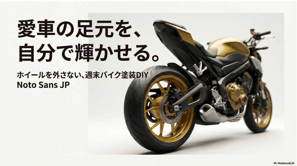 【バイク】ホイールの塗装をつけたままできる?自分で塗装して輝くゴールドのホイールと「ホイールを外さない週末バイク塗装DIY」のタイトル文字