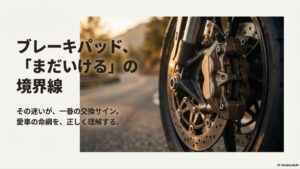 ブレーキパッド交換時期の目安:自動車のブレーキパッド交換時期を示すタイトルスライド。「まだいける」の境界線を正しく理解するための導入画像。