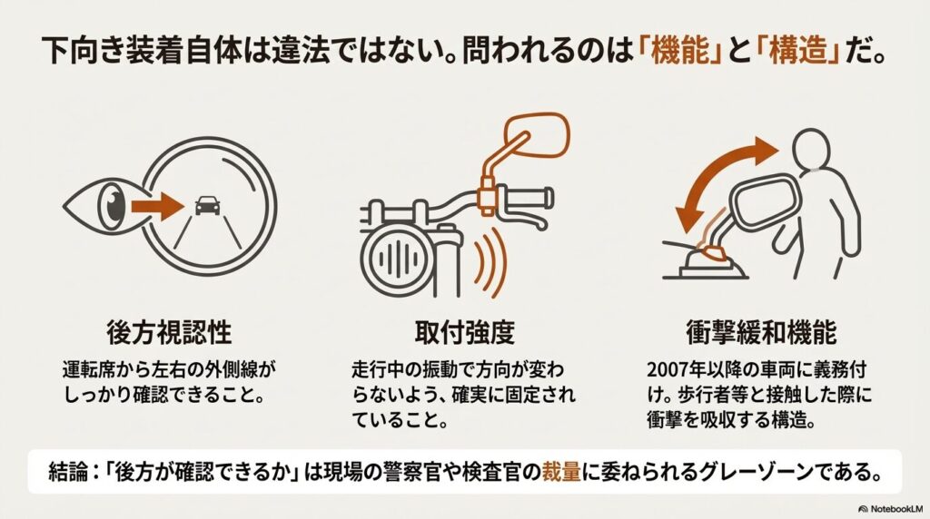 ミラーの保安基準における3つのポイント(後方視認性、取付強度、衝撃緩和機能)を示したアイコン図解 。