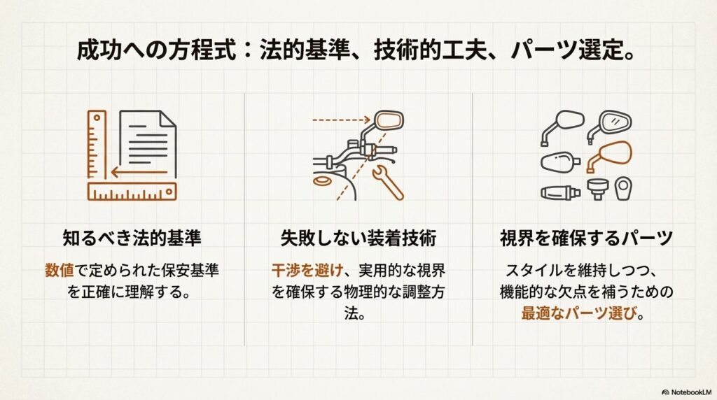 法的基準の理解、装着技術、パーツ選定の3要素が揃って初めて成功するという概念図 。