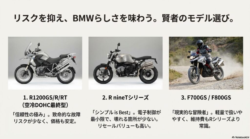 信頼性の高い空冷DOHC最終型のR1200GS、構造がシンプルなR nineT、扱いやすいF700/800GSの3車種を紹介し、それぞれのメリットを記載したスライド。