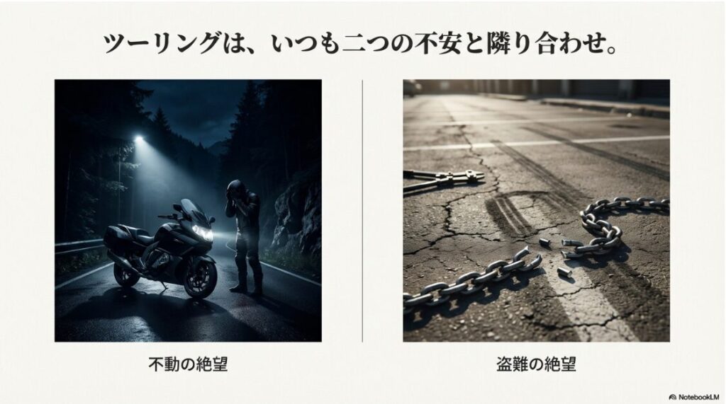 レッドバロンの任意保険の評判と料金は？夜道のバイク故障と切断されたチェーンロックの画像で示すツーリングの二大不安