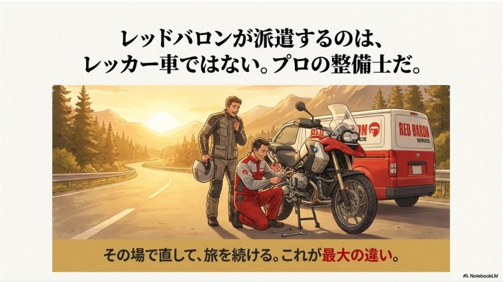レッドバロンの任意保険の評判と料金は？レッドバロンの整備士がツーリング先でバイクを修理し、旅を再開する様子