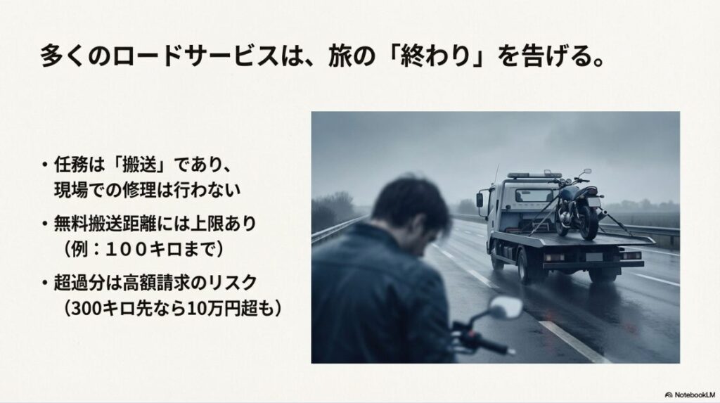 レッドバロンの任意保険の評判と料金は？雨の中レッカー移動されるバイク。無料搬送距離の上限や高額請求リスクについての解説