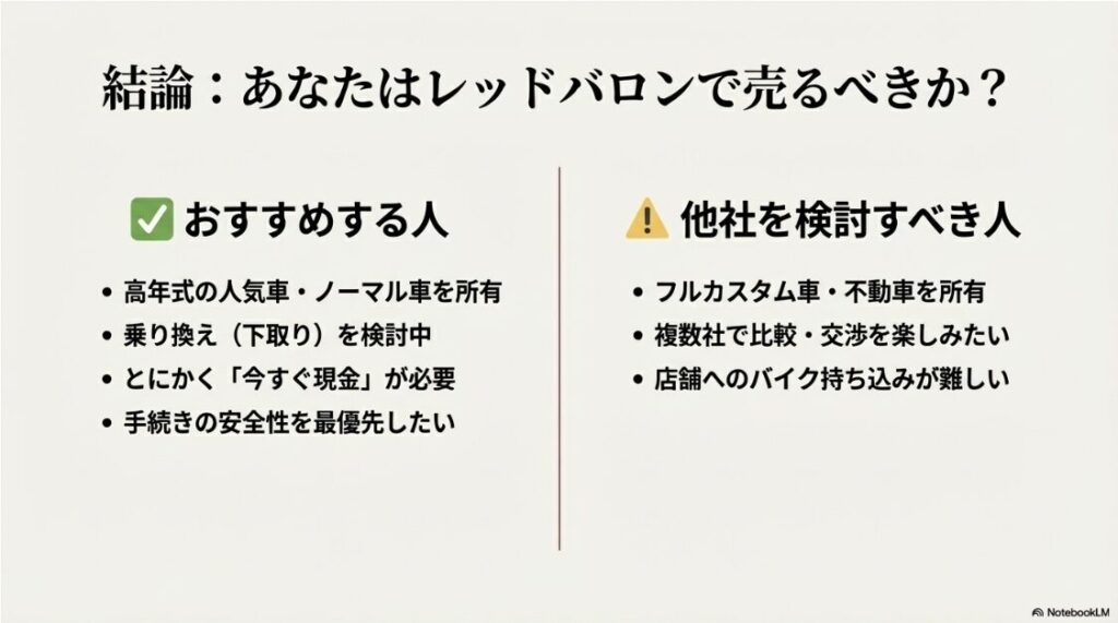 レッドバロンはやばい？買取はひどいと噂：レッドバロンでバイクを売るべき人と他社一括査定を利用すべき人の特徴比較チャート