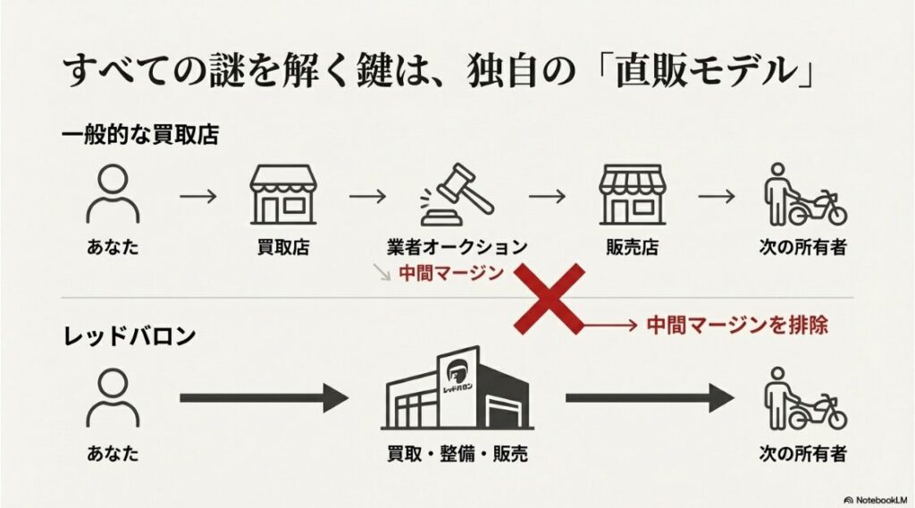 レッドバロンはやばい？買取はひどいと噂：一般的なバイク買取店の中間マージン構造とレッドバロンの直販モデルによるマージンカットの比較図