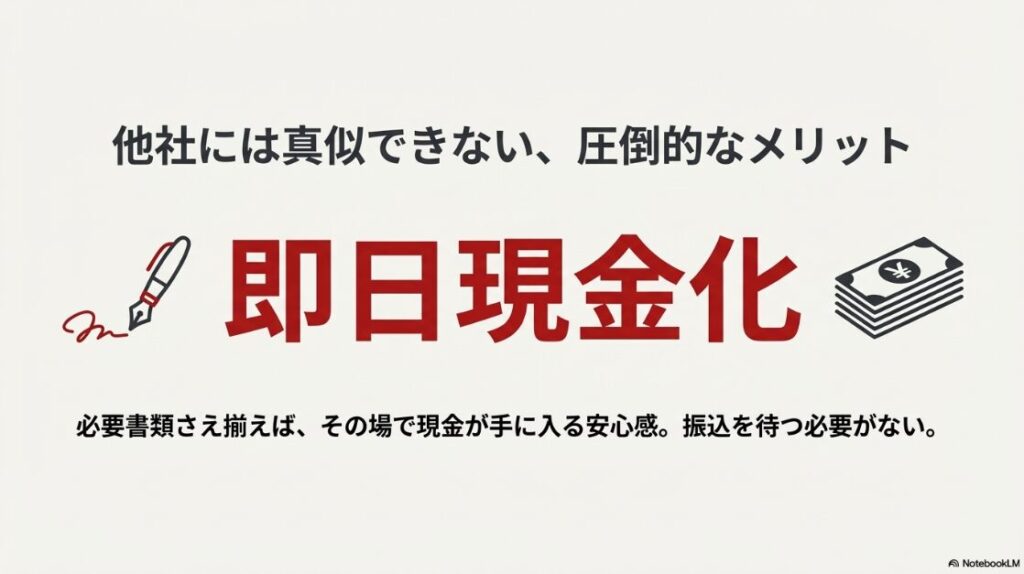 レッドバロンはやばい？買取はひどいと噂：レッドバロンへバイクを持ち込み売却することで即日現金が受け取れるメリットのイラスト解説
