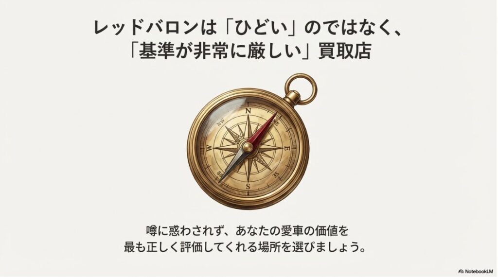 レッドバロンはやばい？買取はひどいと噂：レッドバロンの買取はひどいのではなく査定基準が厳しいという結論と正しい選択を示すコンパスのイメージ