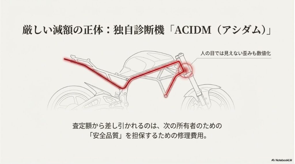 レッドバロンはやばい？買取はひどいと噂：レッドバロンの独自診断機ACIDM（アシダム）が検知する人の目では見えないバイクのフレームの歪みイメージ