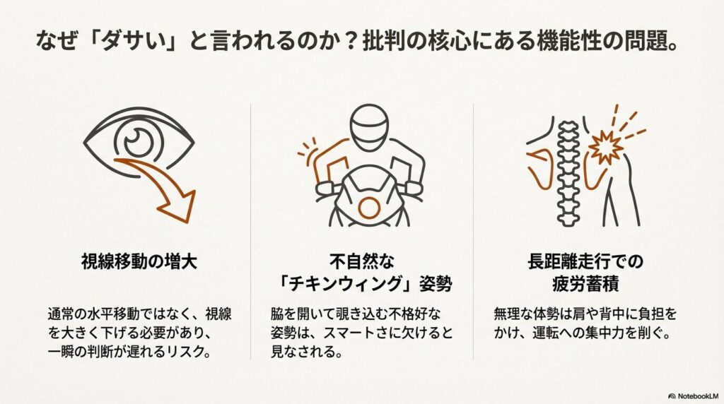 通常の水平移動と比べて視線移動が増大する図解と、脇を開いて覗き込む「チキンウィング」姿勢による疲労蓄積のイラスト解説 。