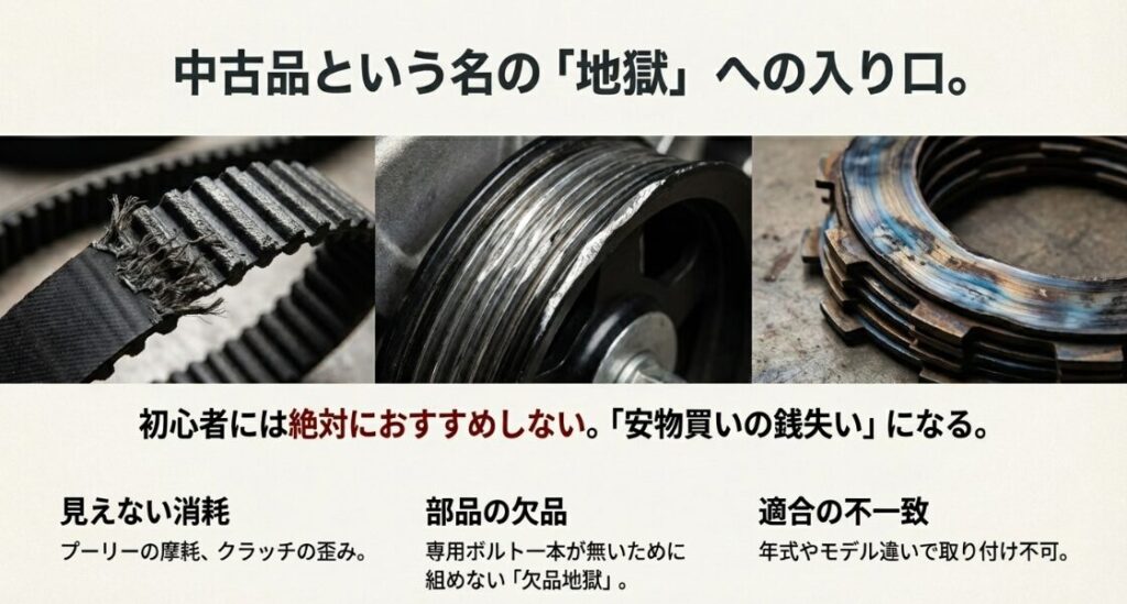 摩耗してささくれたベルト、傷ついたプーリー、焼けたクラッチ板の写真。中古部品に潜む見えない消耗や欠品のリスクを警告するスライド。