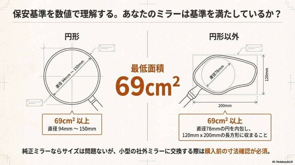円形および円形以外のミラーに必要なサイズ(直径94mm〜150mm、または120mm×200mmの長方形に収まることなど)を数値で示した図解 。