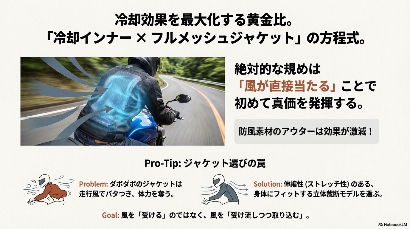 メッシュジャケットと冷却インナーの組み合わせによる走行風の循環メカニズムを示す図。風が直接当たることで真価を発揮し、防風素材は避けるべきであることを解説。