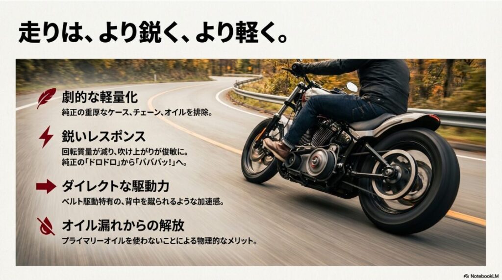 純正の重厚なパーツを排除することによる軽量化、レスポンス向上、ダイレクトな加速感といった走行性能のメリットを解説したスライド。