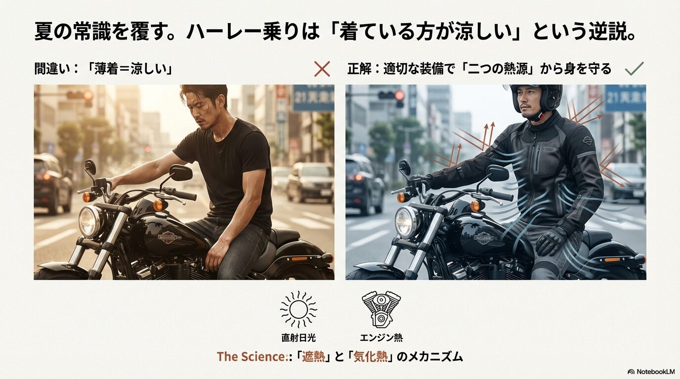 ハーレーに乗る男性。「薄着=涼しい」は間違いであり、適切な装備で直射日光とエンジン熱の2つの熱源から身を守る必要があることを示す図解。