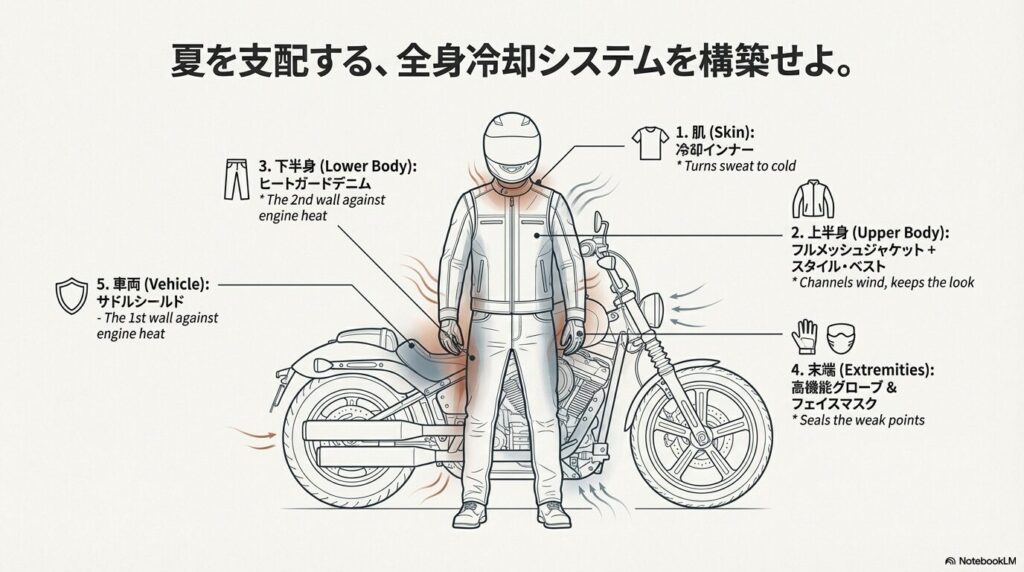 頭から足元、車両に至るまで、夏を涼しく走るための装備箇所(肌、上半身、下半身、末端、車両)とその役割を網羅した全身図解まとめ。
