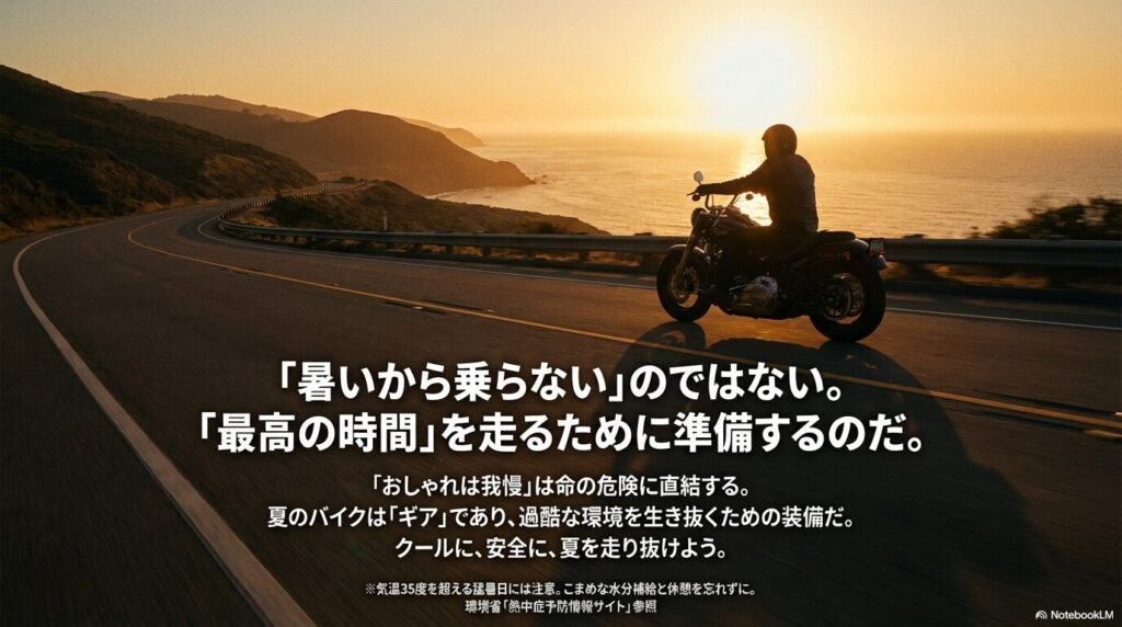 「夏のバイクはギアである」というメッセージ。暑いから乗らないのではなく、最高の時間を走るために準備し、クールに安全に夏を楽しむためのスローガン。