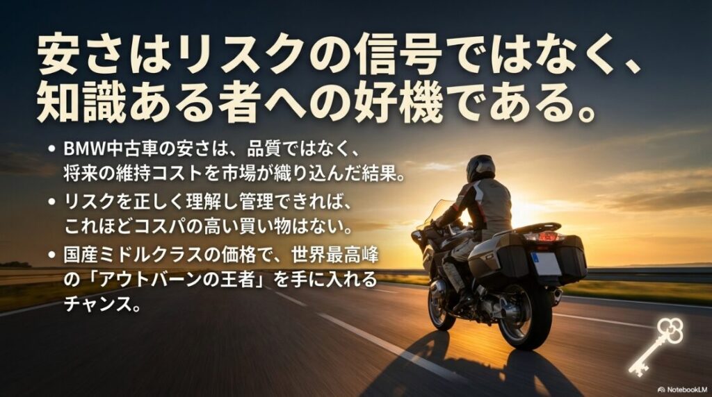 中古車の安さは将来のコストが織り込まれた結果であり、リスクを管理できれば世界最高峰のバイクを安く手に入れられるチャンスであると結論付けるスライド。