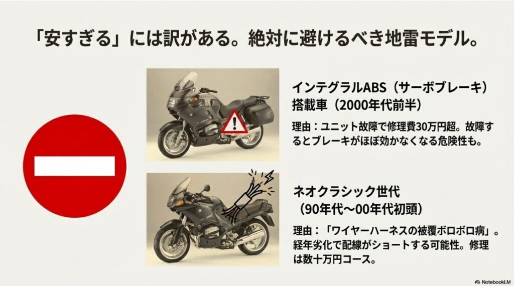 2000年代前半のサーボブレーキ搭載車や、90年代のネオクラシック世代におけるワイヤーハーネスの被覆劣化など、修理費が高額になるため避けるべきモデルを解説したスライド。