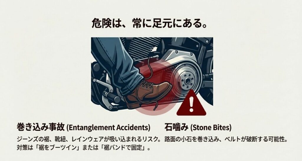 足元のベルト駆動部にジーンズの裾が巻き込まれる危険性を警告するイラストと、石噛みによるベルト破断リスクについて解説したスライド。