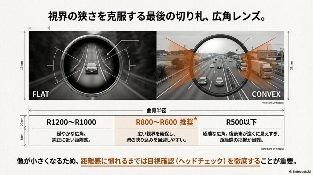 FLAT（平面）とCONVEX（広角）の映り方の違いを比較した写真。推奨される曲率半径R800〜R600の範囲を示している 。