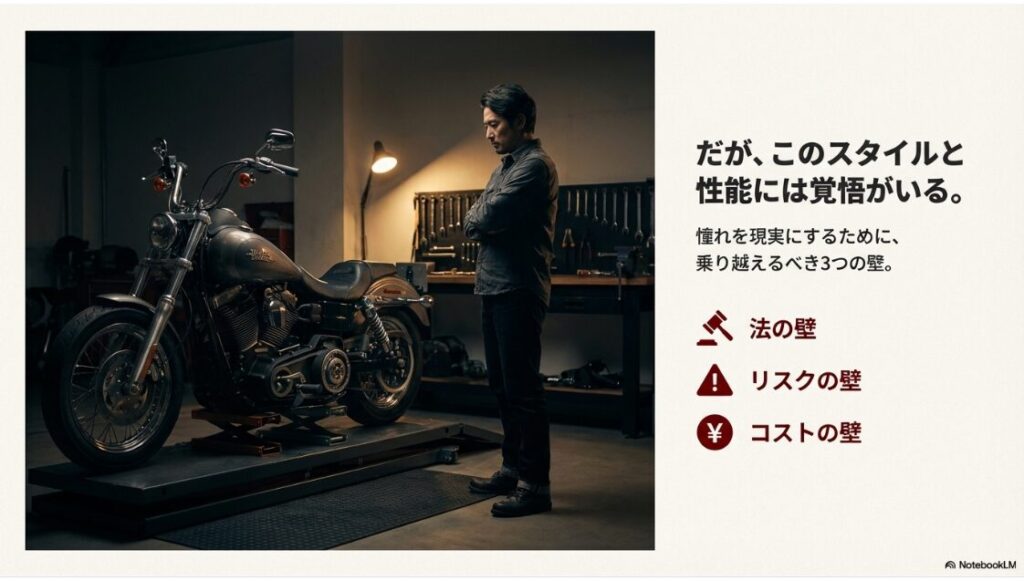ガレージでハーレーを見つめる男性の画像と共に、導入にあたって直面する「法の壁」「リスクの壁」「コストの壁」を提示したスライド。