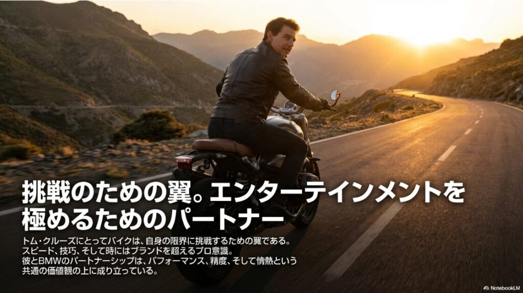 「挑戦のための翼」というメッセージと共に、パフォーマンス・精度・情熱という共通の価値観で結ばれたパートナーシップをまとめたスライド。