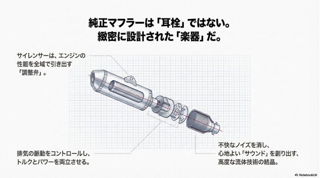 構造解説！バイクの直管マフラーとは？サイレンサーが単なる耳栓ではなく、トルクとパワーを両立させるための高度な流体技術であることを説明する画像