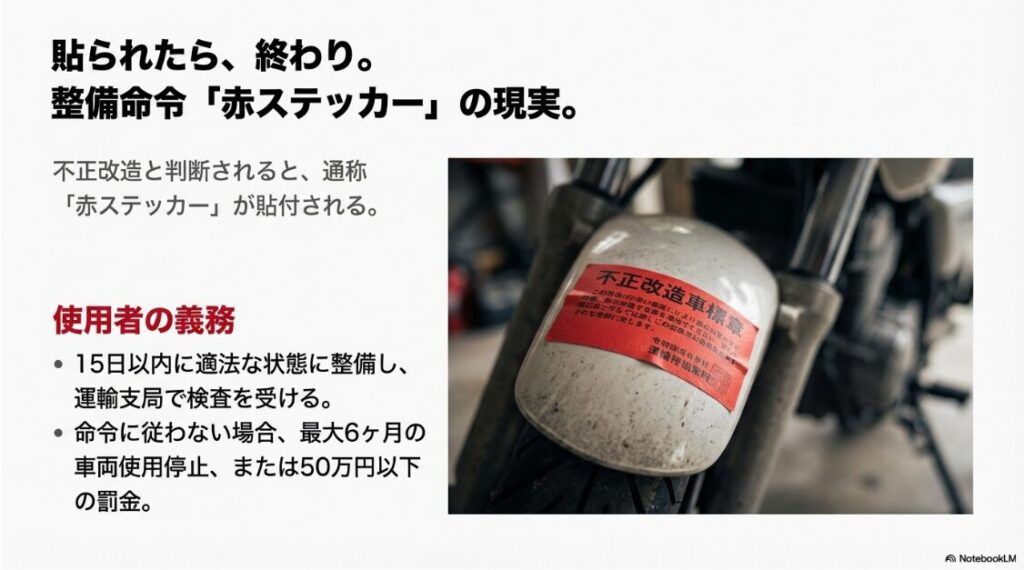 構造解説！バイクの直管マフラーとは？不正改造車に貼付される赤ステッカーの実物写真と、15日以内の整備義務や使用停止処分についての説明