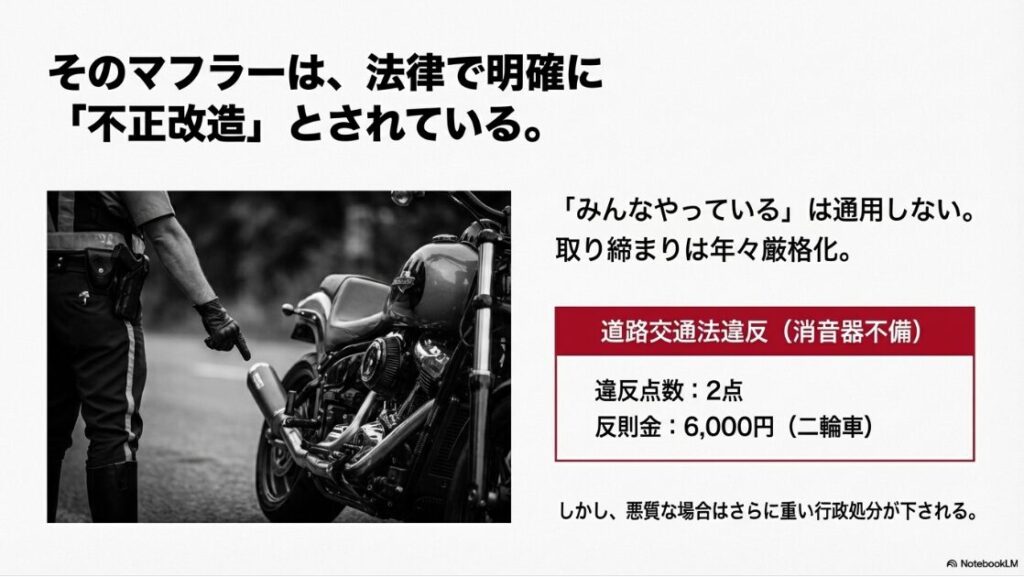 構造解説！バイクの直管マフラーとは？警察官がバイクのマフラーを指差し、不正改造として取り締まりを行っているイメージ画像