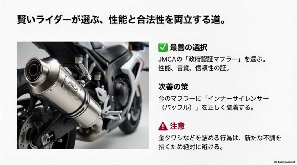 構造解説！バイクの直管マフラーとは？性能と合法性を両立するJMCAプレートが付いたマフラーと、インナーサイレンサーについての説明画像