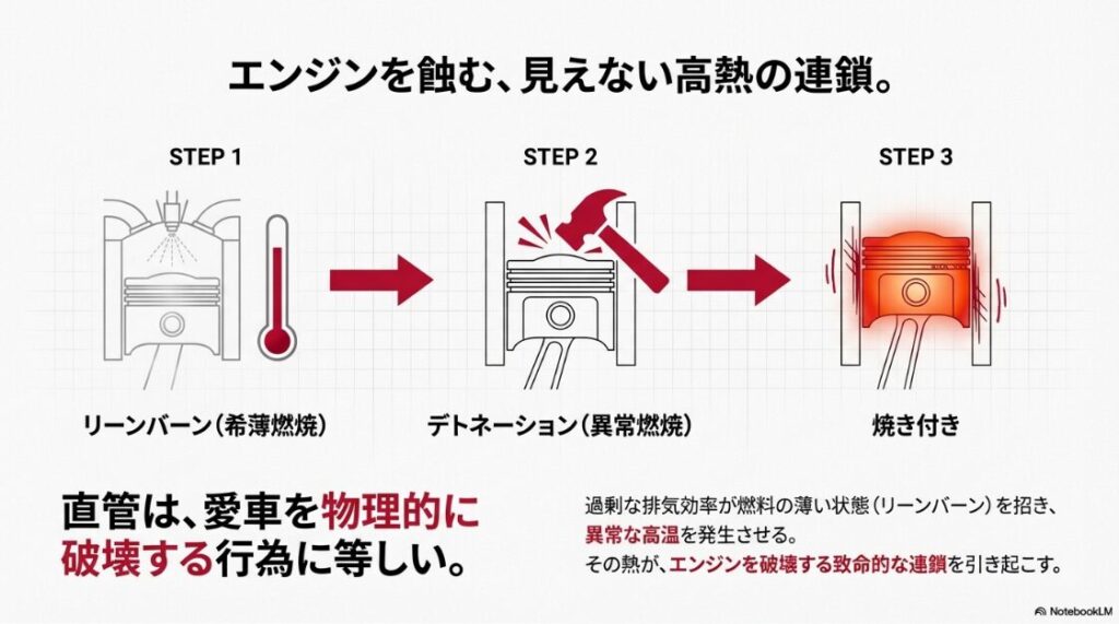 構造解説！バイクの直管マフラーとは？希薄燃焼（リーンバーン）からデトネーション、そしてピストンの焼き付きに至るまでの熱による破壊プロセスの図