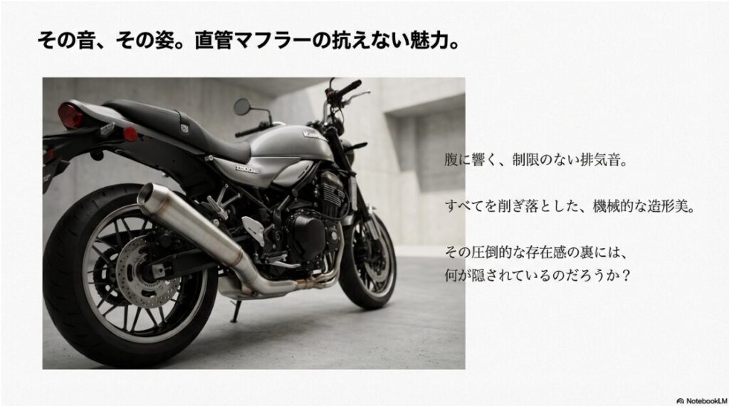 構造解説！バイクの直管マフラーとは？カワサキのバイクに装着された直管マフラーと、その造形美や排気音の魅力を示唆するイメージ画像