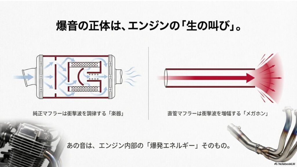 構造解説！バイクの直管マフラーとは？純正マフラーが楽器として調律するのに対し、直管マフラーは爆発音を増幅するメガホンであることを示す比較図