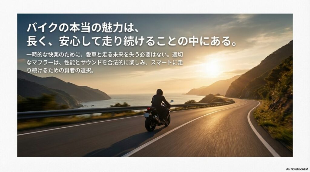 構造解説！バイクの直管マフラーとは？一時的な快楽ではなく、愛車と長く安心して走り続けるために適切なマフラーを選ぶことを推奨するまとめの画像