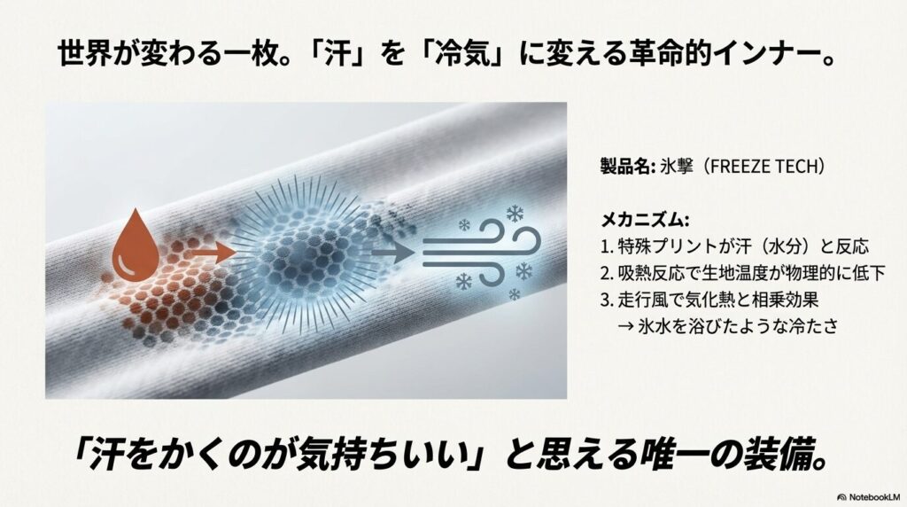 冷却インナーの特殊プリントが汗(水分)と反応し、吸熱反応によって生地温度を下げる仕組みの図解。「氷撃」の効果を示すイメージ。