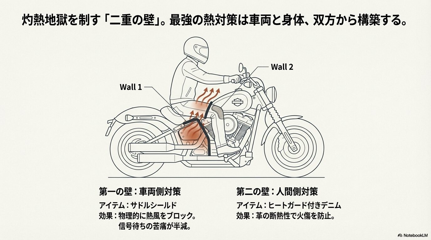 ハーレーの側面図解。エンジン熱を遮断する車両側の「Wall 1(サドルシールド)」と、人間側の「Wall 2(ヒートガードデニム)」の配置と効果を示すイラスト。