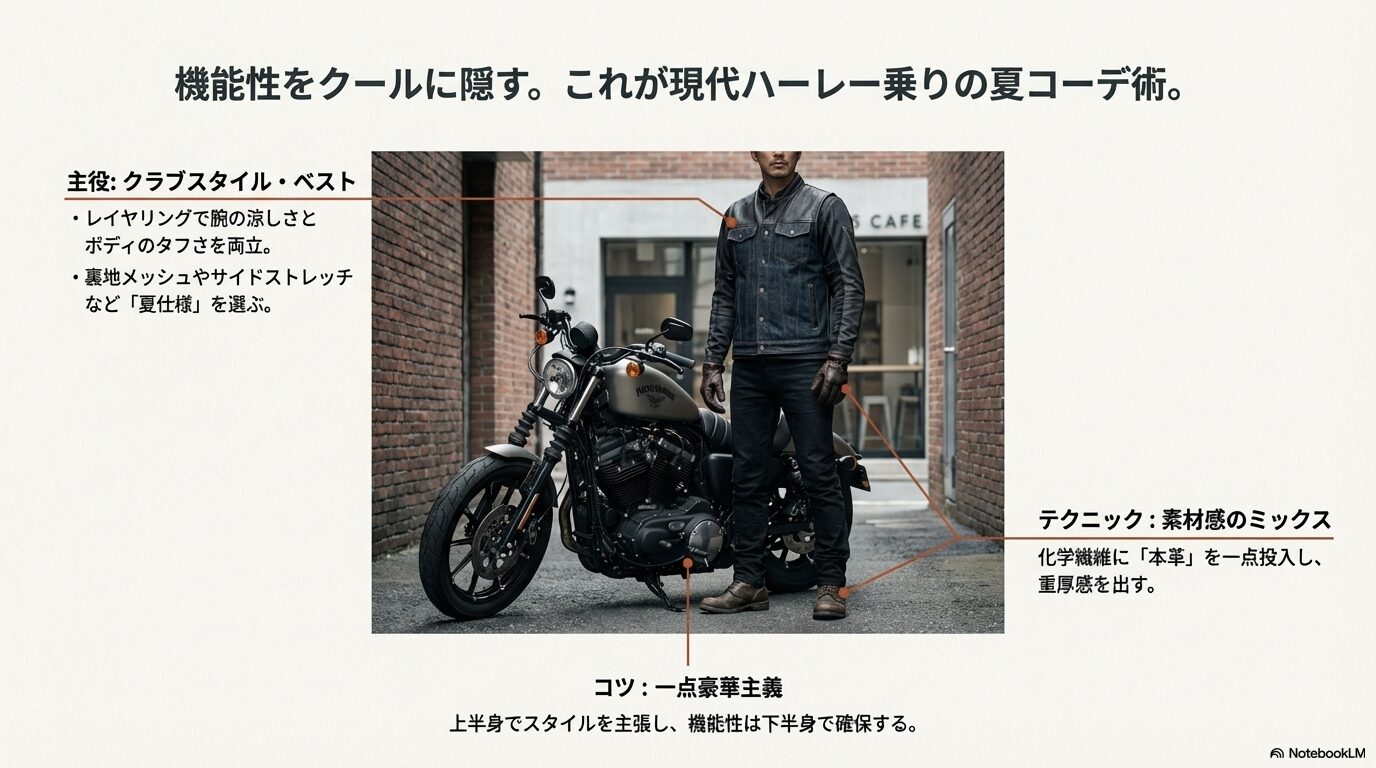 クラブスタイルのベストを着用したライダーの全身コーディネート例。機能性を隠しつつ、レザーと異素材をミックスした大人の夏スタイル。