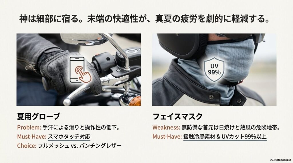 スマホタッチ対応のメッシュグローブと、UVカット素材のフェイスマスクを着用したライダー。末端の快適性が疲労軽減につながることを説明。