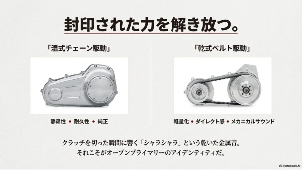 左側は密閉された純正プライマリーケース、右側はベルトとプーリーが露出したオープンプライマリー。見た目と構造の違いを示す比較画像。